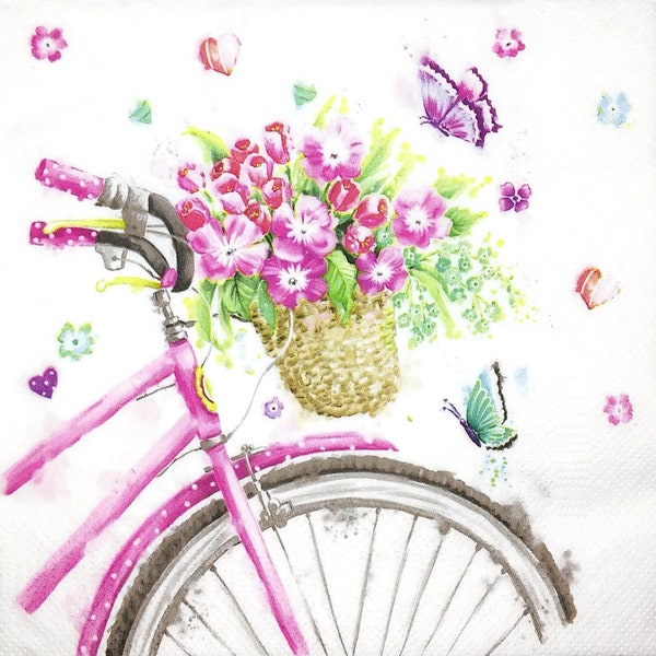 M700 # 3 Stück einzelne Papierservietten für Decoupage, Papiertaschentuch Blumenkorb Fahrrad Bike Pink Schmetterlinge