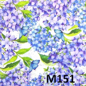 M151# 3 serviettes en papier pour découpage, papier peint artisanal, motif fleurs d'hortensia bleu sur fond blanc papillon bleu