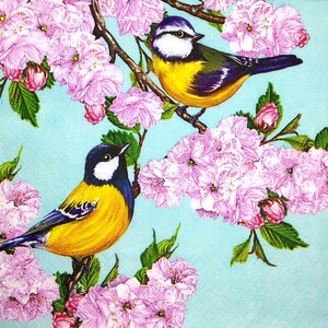 M539# 3 Pieces Of Single Paper Napkins for Decoupage, Craft Tissue, Spring Birds Titmouse Titmice On Blooming Branch