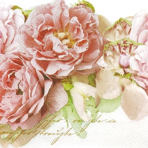 S134 # 3 Stück KLEINE Einzel Papierservietten für Decoupage, Craft Theft Cocktail Größe, Rosa Blumen Pfingstrose auf Weißen Hintergrund Inschriften