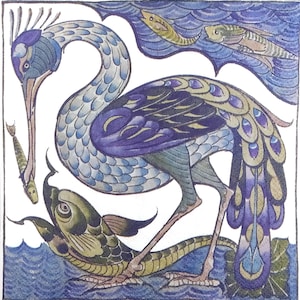N795# 3 pezzi di tovaglioli di carta singoli per decoupage, fazzoletti artigianali, piastrelle blu bianche di gru dipinta, cicogna e pesce di fiume