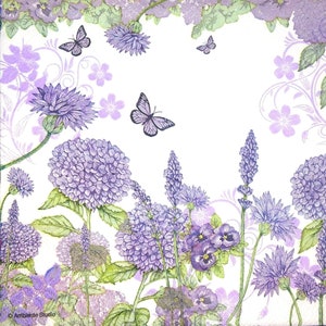 M225# 3 pezzi di tovaglioli di carta singoli per decoupage, fazzoletti artigianali, fiori bianchi viola ortensie viole del pensiero fiori di campo prato