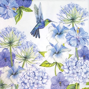 N534# 3 piezas de servilletas de papel individuales para decoupage, papel tisú para manualidades, pájaros colibríes azules y flores azules