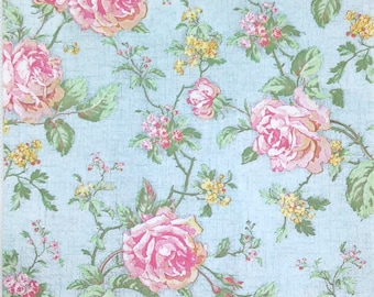 M088# 3 Pieces Of Single Paper Napkins for Decoupage, Craft Tissue, English Victorian Pink Roses Flowers Pattern on Light Blue Background