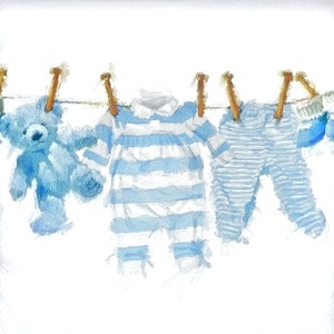 N444# 3 stuks enkele papieren servetten voor decoupage, knutselpapier, witblauw welkom babykleertjes en beer hangend aan touw