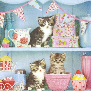 M653# 3 pedaços de guardanapos de papel individuais para decoupage, papel de seda artesanal, gatinhos fofos em prateleira azul