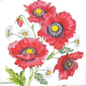 M688# 3 pezzi di tovaglioli di carta singoli per decoupage, fazzoletti artigianali, mazzo di papaveri rossi e fiori di margherita bianca