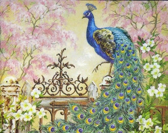 M212# 3 Pieces Of Single Paper Napkins for Decoupage, Craft Tissue, Royal Garden Peacock Birds On Gates Pink White Blossoms