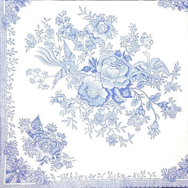 M288# 3 pezzi di tovaglioli di carta singoli per decoupage, tessuti artigianali, bouquet di fiori Burleight blu su sfondo bianco