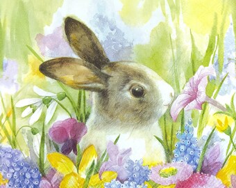 N566 # 3 serviettes en papier pour découpage, papier de soie artisanal, lapin gris blanc dans une prairie de fleurs colorées