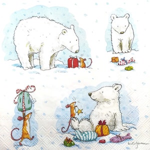 N657# 3 piezas de servilletas de papel individuales para decoupage, pañuelos artesanales, imagen de oso blanco de invierno con ratón trayendo regalo de Navidad