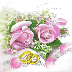N028# 3 pedaços de guardanapos de papel individuais para decoupage, tecido artesanal, duas rosas cor-de-rosa e alianças de casamento em livro de notas musicais