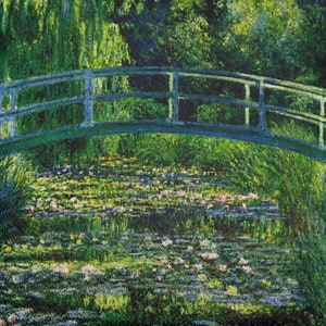 M742# 3 pezzi di tovaglioli di carta singoli per decoupage, fazzoletti artigianali, dipinto verde Monet Water Lily Pond Green Bridge
