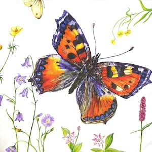 M248 # 3 Stück einzelne Papierservietten für Decoupage, Bastelgewebe, bunte natürliche Look Schmetterlinge und Blumen Gräser auf weißem Hintergrund