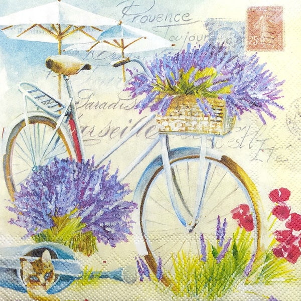 S214# 3 Pieces Of SMALL Single Paper Napkins for Decoupage Cocktail Size, Craft Tissue, Purple Lavender Flowers, Bicycle Bike Script Collage