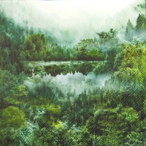 N675# 3 pezzi di tovaglioli di carta singoli per decoupage, fazzoletti artigianali, foresta lago nella nebbia nebbia alberi verdi