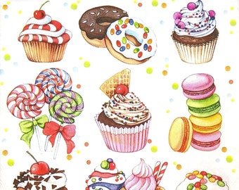 M386# 3 Pieces Of Single Paper Napkins for Decoupage, Craft Tissue, Colorfull Cakes, Candies, Donuts, Muffins And Other Sweets
