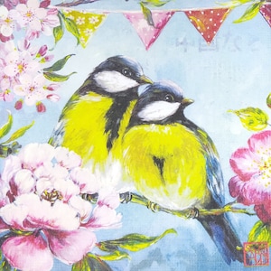 N614 # 3 serviettes en papier pour découpage, papier de soie artisanal, paire d'oiseaux printaniers mésanges mésanges sur branche en fleurs