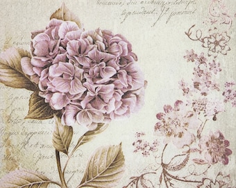 M877# 3 Pieces Of Single Paper Napkins for Decoupage, Craft Tissue, Vintage Pink Hydrangea Flowers On Script Background