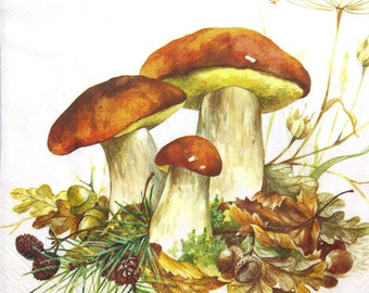 M782# 3 Pieces Of Single Paper Napkins for Decoupage, Craft Tissue, Autumn Boletus Mushrooms With Oak Leaves And Acorn On White Background