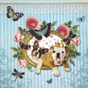 M190 #3 peças de guardanapos de papel único para decoupage, tecido artesanal, dois cães reais em moldura oval azul com borboletas e flores