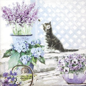 May include: A watercolor painting of a kitten looking up at a bee near a window. The kitten is sitting on a ledge with a pot of purple flowers in front of it. The pot is labeled "FLOWERS".