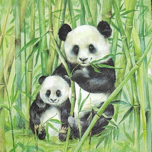 M951 # 3 serviettes en papier pour découpage, papier de soie artisanal, famille des pandas en bois de bambou