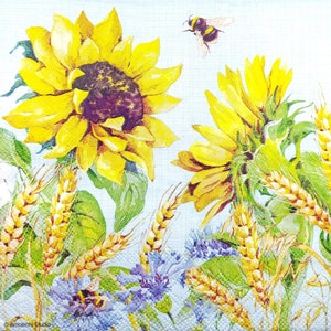N654# 3 servilletas de papel individuales para decoupage, papel de seda para manualidades, flores de girasol amarillo con acianos y espigas de trigo sobre lienzo azul