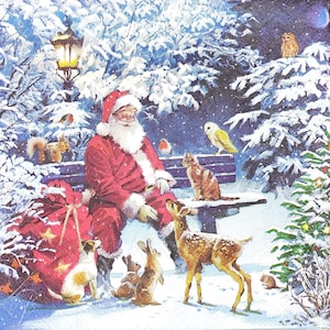 N109# 3 Pieces Of Single Paper Napkins for Decoupage, Craft Tissue, Christmas Santa Claus On Bench Feeding Wild Animals Raindeer Deer