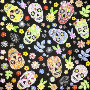 M737# 3 pezzi di tovaglioli di carta singoli per decoupage, fazzoletti artigianali, motivo teschio morto con fiori arcobaleno su sfondo nero