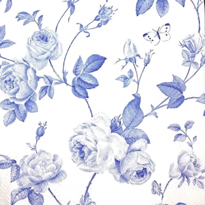 M342 # 3 Stück einzelne Papierservietten für Decoupage, Basteltücher mit Rambler Roses Blumen auf weißem Hintergrund