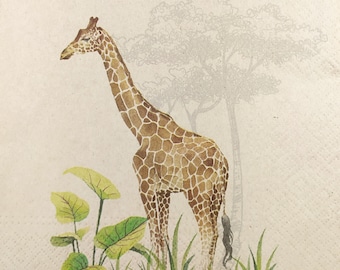 N813 # 3 serviettes en papier pour découpage, papier de soie artisanal, girafe de la savane brune et imprimé animalier sur papier recyclé