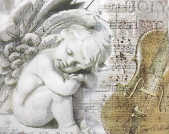 M885 # 3 Stück einzelne Papierservietten für Decoupage, Papiertaschentücher, Weihnachtsengel mit Noten und Violine
