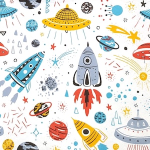 Q874# 3 Stück einzelne Papierservietten für Decoupage, Basteltücher, Blau Gelbes Kosmos Muster - UFO, Planet, Sterne, Rakete, Raumschiffe