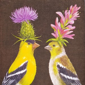 N502# 3 pezzi di tovaglioli di carta singoli per decoupage, fazzoletti artigianali, coppia di uccelli cardellino dipinti con cappello di fiori su tela marrone