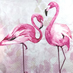 N683# 3 pezzi di tovaglioli di carta singoli per decoupage, fazzoletti artigianali, coppia di grandi uccelli rosa Famingo su sfondo grigio
