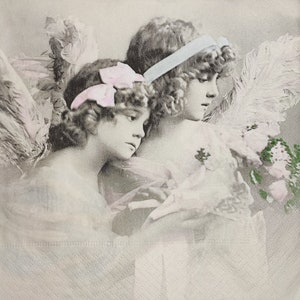 N102 #3 peças de guardanapos de papel único para decoupage, tecido artesanal, cinza branco sagen design vintage anjos com foto de flores