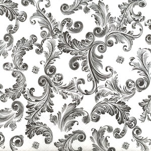 N783# 3 pezzi di tovaglioli di carta singoli per decoupage, tessuto artigianale, fiori bianchi e neri motivo barocco Arabescue