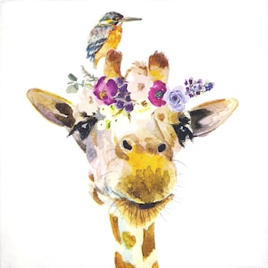 N480 # 3 Stück Papierservietten einzeln für Decoupage, Basteltücher, Giraffen mit Vogel Und Blumen