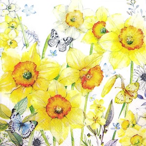 M489# 3 pezzi di tovaglioli di carta singoli per decoupage, fazzoletti artigianali, fiori di narciso giallo con farfalle