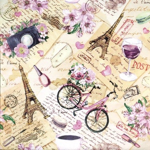 N283# 3 pezzi di tovaglioli di carta singoli per decoupage, tessuto artigianale, fiore rosa, bicicletta, bicicletta con collage della Torre Eiffel di Parigi