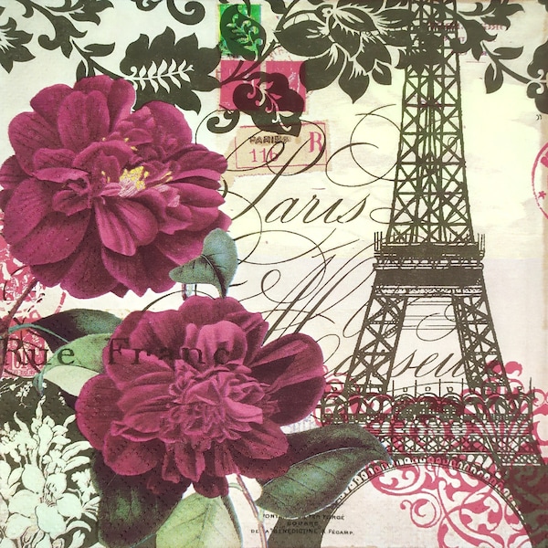 N287 #3 serviettes en papier simples pour découpage, papier de soie artisanal, fleur de camélia rose avec collage d'inscriptions sur la tour Eiffel de Paris