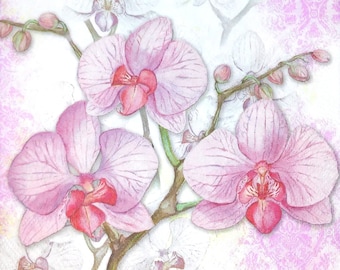 M215# 3 Pieces Of Single Paper Napkins for Decoupage, Craft Tissue, Pink Orchids Phallenopsis Flower Twig