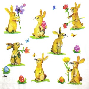 M345 # 3 Stück einzelne Papierservietten für Decoupage, Bastelpapier, bemaltes Häschen mit Ostereiern auf weißem Hintergrund