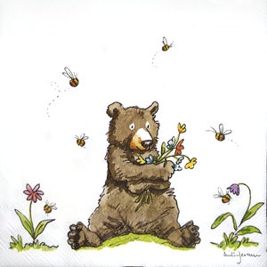N449 # 3 Stück einzelne Papierservietten für Decoupage, Basteltücher, Braunbär mit Blumenstrauß und fliegenden Bienen