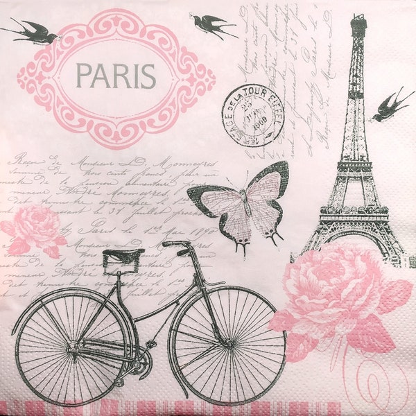 N631 # 3 serviettes en papier pour découpage, papier de soie artisanal, fleur rose rose, vélo, papillon avec collage de la tour Eiffel de Paris