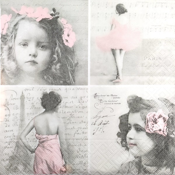 N635 # 3 serviettes en papier pour découpage, papiers peints, mini-photos vintage Sagen de petites filles, de ballerines et d'une femme parisienne