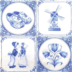 N645 # 3 Stück Papierservietten einzeln für Decoupage, Papiertaschentuch, blaue Fliesen mit holländischen Symbolen - küssendes Paar, Blume, Windmühle, Holzschuh
