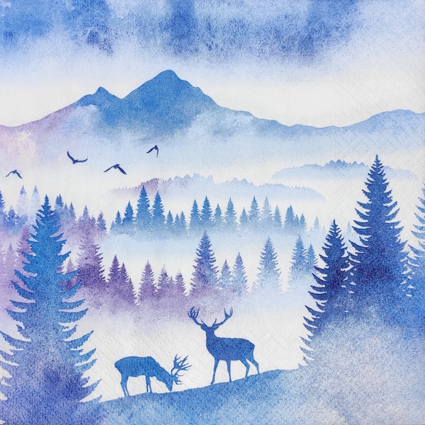 M931 # 3 serviettes en papier pour découpage, papier peint artisanal, forêt de sapins dans la brume, arbres bleus violets et cerfs