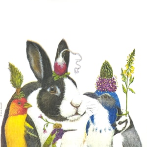 N584 # 3 serviettes en papier pour découpage, papiers peints, lièvre peint et oiseaux avec chardon, fleurs de radis, chapeaux